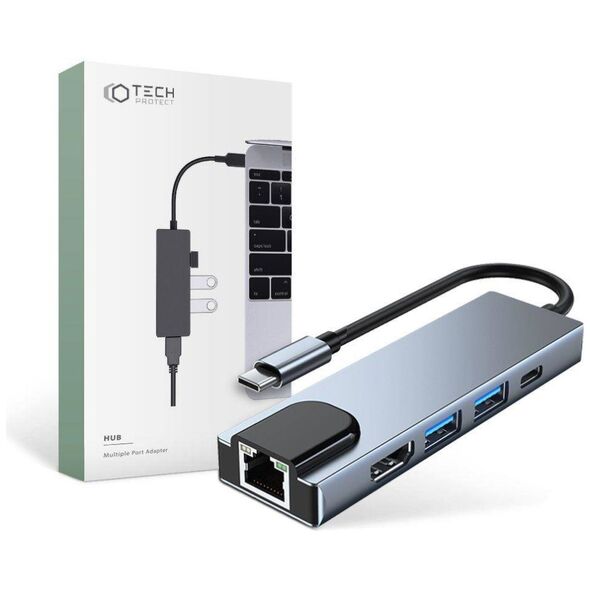 Splitter 5in1 USB HUB USB-C to 2xUSB + HDMI + USB-C + LAN RJ45 Adapter Tech-Protect V3-HUB grey 9589046919312