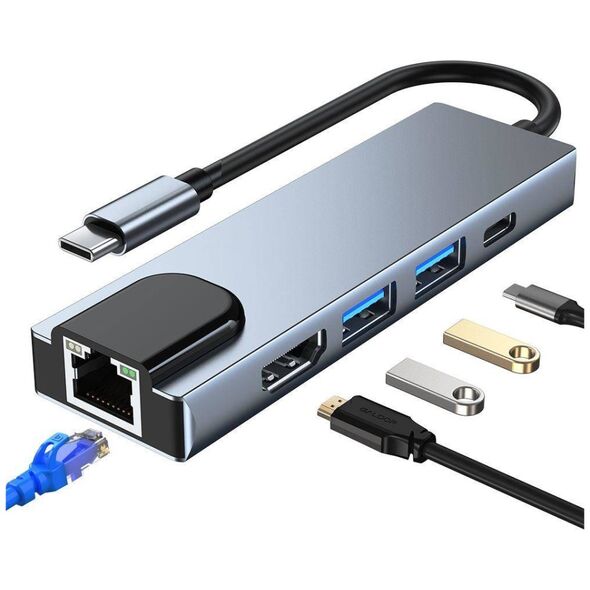 Splitter 5in1 USB HUB USB-C to 2xUSB + HDMI + USB-C + LAN RJ45 Adapter Tech-Protect V3-HUB grey 9589046919312