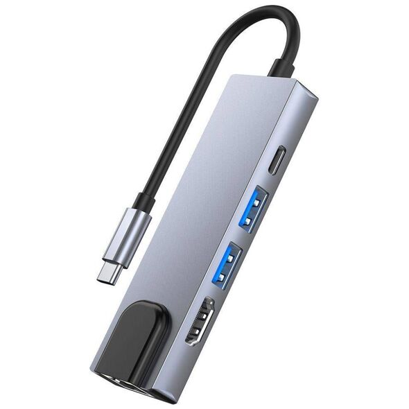Splitter 5in1 USB HUB USB-C to 2xUSB + HDMI + USB-C + LAN RJ45 Adapter Tech-Protect V3-HUB grey 9589046919312