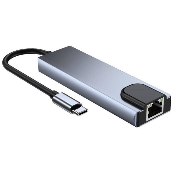 Splitter 5in1 USB HUB USB-C to 2xUSB + HDMI + USB-C + LAN RJ45 Adapter Tech-Protect V3-HUB grey 9589046919312