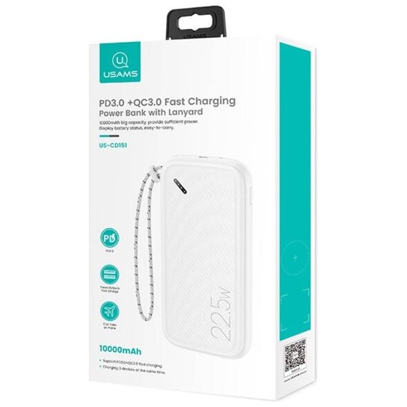 Powerbank 10000mAh PB56 22.5W 2xUSB QC3.0 + USB-C PD + Micro USB External Battery Fast Charge Usams US-CD151 white 6958444931142