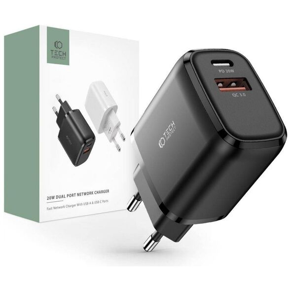 Charger 20W USB QC3.0 + USB-C PD Tech-Protect C20W black 9589046924286