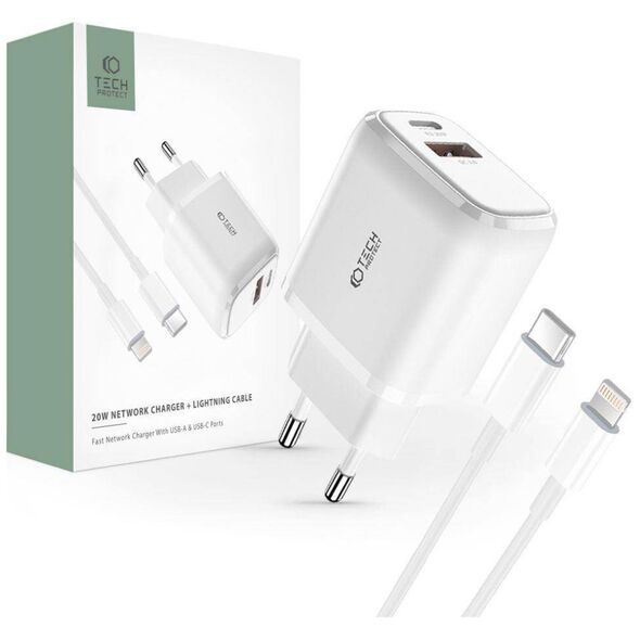 Wall Charger 20W USB-C PD + USB QC3.0 + Cable 1m USB-C - Lightning Tech-Protect C65W white 9490713929124