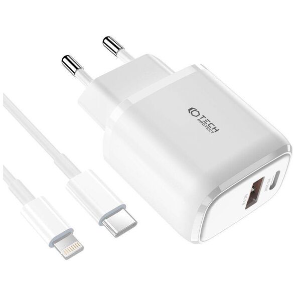 Wall Charger 20W USB-C PD + USB QC3.0 + Cable 1m USB-C - Lightning Tech-Protect C65W white 9490713929124
