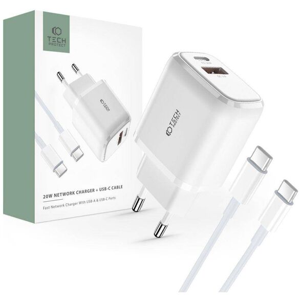 Wall Charger 20W USB QC3.0 + USB-C PD + Cable USB-C - USB-C Tech-Protect C20W white 9490713930373