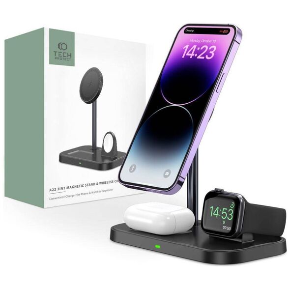 Wireless Magnetic Charger 3in1 15W for Smartphones with MagSafe, AirPods, Apple Watch Watch Tech-Protect QI15W A22 black 9490713930960