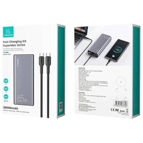 Powerbank 30000mAh  65W 2x QC3.0 USB + USB-C PD + Cable USB-C - USB-C USAMS PB59 grey 6958444973746