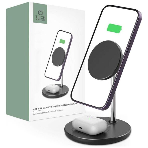 Magnetic 2-in-1 Wireless Charger MagSafe for Smartphone + AirPods Tech-Protect QI15W-A21 black 9490713931080