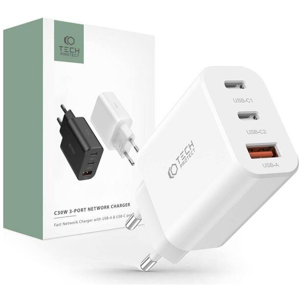 Wall Charger 30W 2x PD USB-C + QC3.0 USB Tech-Protect C30W white 9490713935262