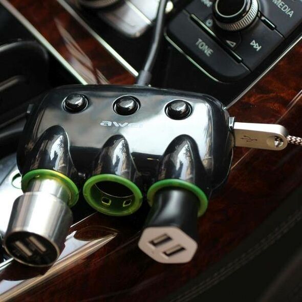 Car Splitter 3 Cigarette Lighter Sockets 12V + 2 USB Splitter AWEI (C-35) black 6954284045353