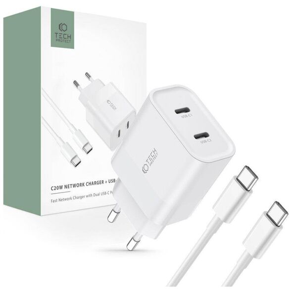 Wall Charger PD 20W 2x USB-C + Cable USB-C - USB-C Tech-Protect C20W white 9319456607291