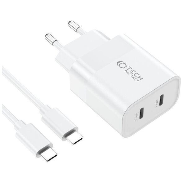 Wall Charger PD 20W 2x USB-C + Cable USB-C - USB-C Tech-Protect C20W white 9319456607291