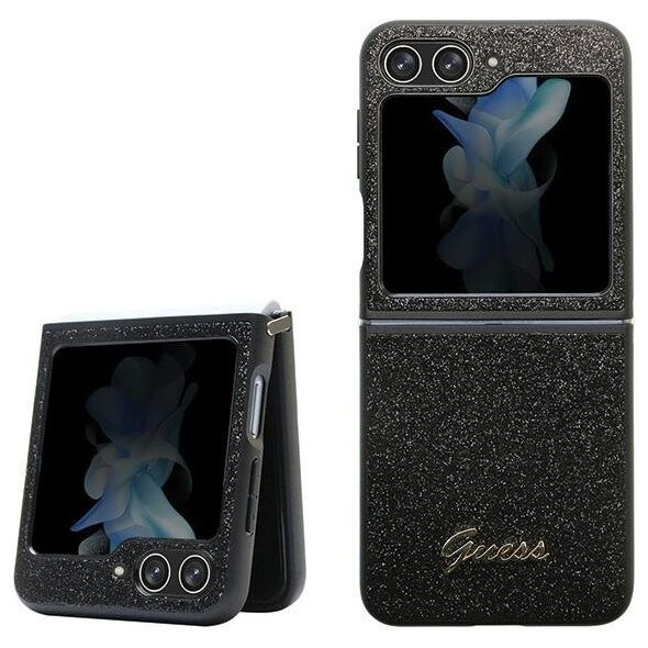 Guess case for Samsung Z Flip5 GUHCZF5HGGSHK black PU/TPU Glitter Script 3666339173951