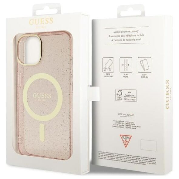 Guess case for iPhone 14 Plus 6,7&quot; GUHMP14MHCMCGP pink hardcase Magsafe IML Glitter Gold 3666339125875