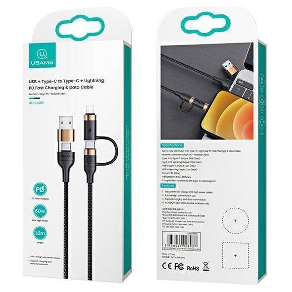 Cable 60W 1.2m PD Fast Charge USB + USB-C - USB-C + Lightning Usams U62 SJ483USB01 (US-SJ483) black 6958444928937