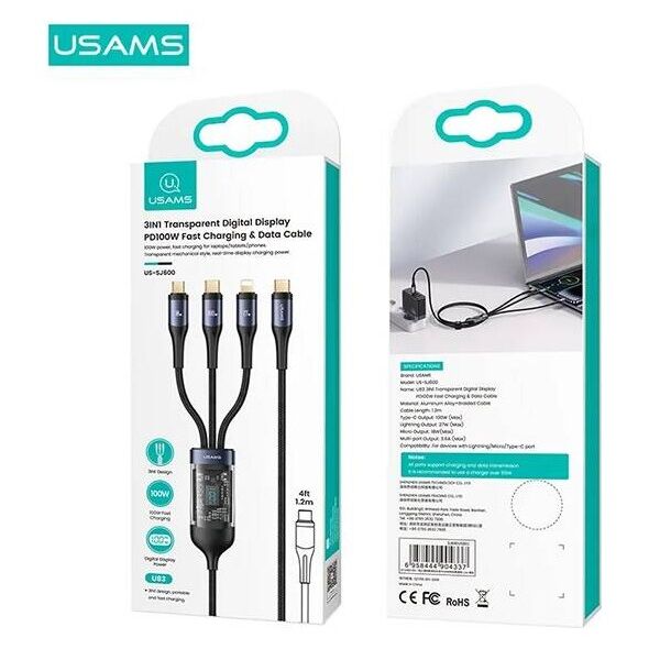 3in1 Cable 100W 1.2m USB-C - USB-C + micro USB + Lightning Digital Display PD Fast Charge USAMS U83 SJ600USB01 (US-SJ600) 6958444904337