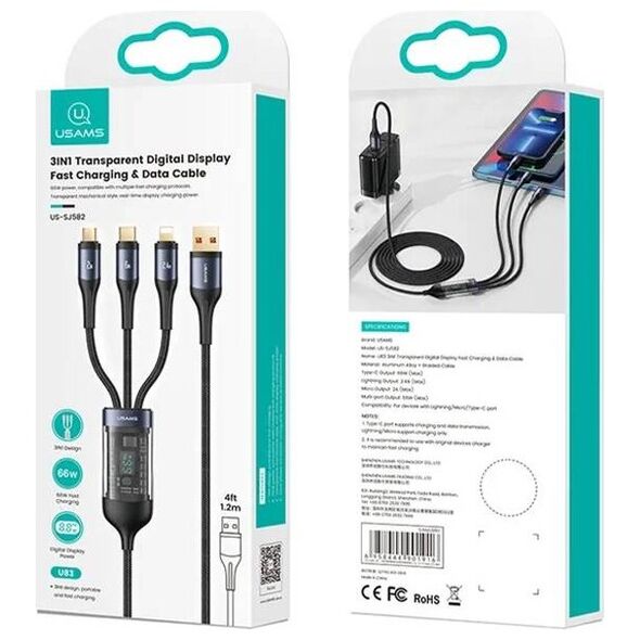 3in1 Cable 66W 1.2m USB - USB-C + micro USB + Lightning Digital Display PD Fast Charge SJ582USB01 (US-SJ582) 6958444901916