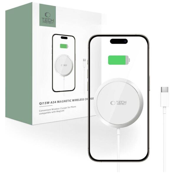 Wireless Charger 15W Magnetic MagSafe Tech-Protect QI15W-A34 white 5906302308828