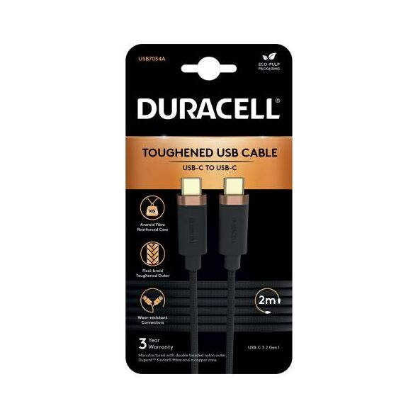 Καλώδιο Σύνδεσης USB 3.2 Duracell Braided Kevlar USB C σε USB C 2m Μαύρο 5056304310906 5056304310906 έως και 12 άτοκες δόσεις