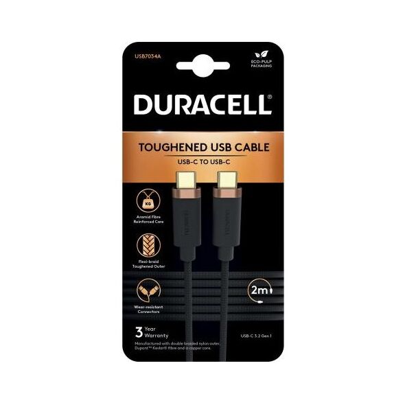 Καλώδιο Σύνδεσης USB 3.2 Duracell Braided Kevlar USB C σε USB C 2m Μαύρο 5056304310906 5056304310906 έως και 12 άτοκες δόσεις