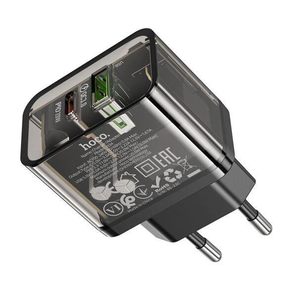Hoco Incarcator USB, Type-C, QC3.0, 20W - Hoco Dazzling (N34) - Transparent Black 6931474799166 έως 12 άτοκες Δόσεις