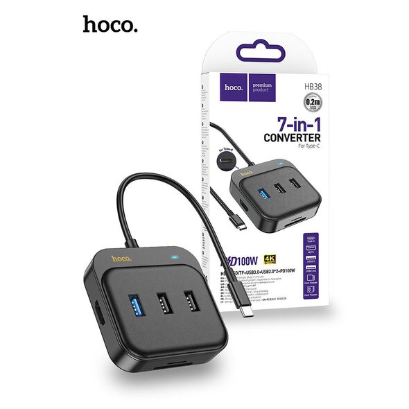 Hoco Adaptor Type-C la HDMI, SD, TF, USB3.0, 2x USB2, 100W - Hoco (HB38) - Black 6931474799036 έως 12 άτοκες Δόσεις