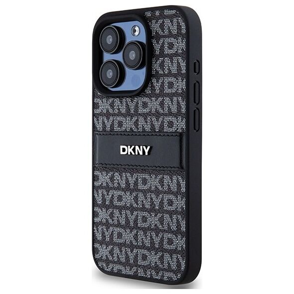 DKNY case for iPhone 15 Pro 6,1&quot; DKHCP15LPRTHSLK black HC PU repeat texture pattern w tonal stripe 3666339260415