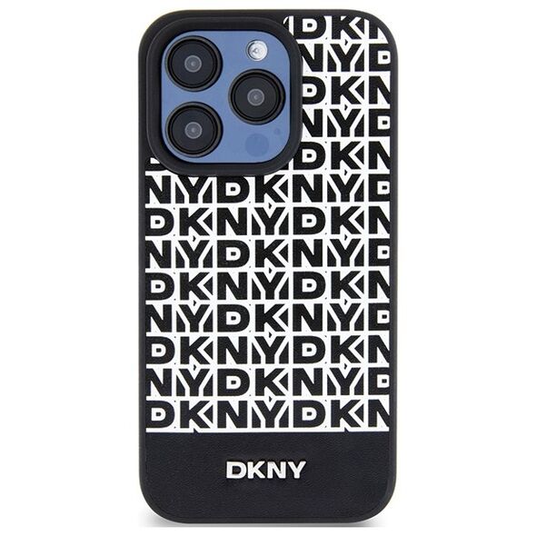 DKNY case for iPhone 15 Pro 6,1&quot; DKHMP15LPSOSPK black HC Magsafe pu repeat pattern w bottom stripe 3666339262235