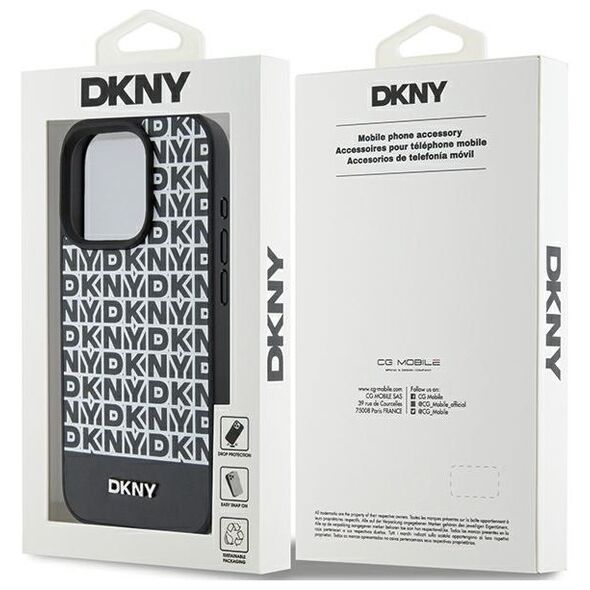DKNY case for iPhone 15 Pro 6,1&quot; DKHMP15LPSOSPK black HC Magsafe pu repeat pattern w bottom stripe 3666339262235