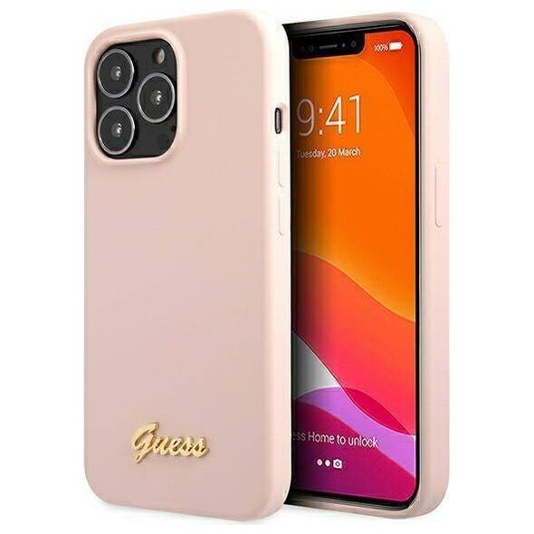 Original Case IPHONE 13 PRO Guess Hardcase Silicone Script Gold Logo Magsafe (GUHMP13LLSLMGLP) light pink 3666339037147