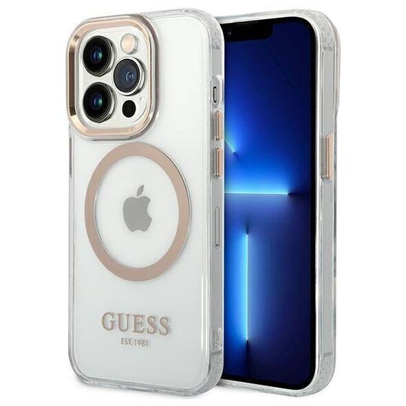 Original Case IPHONE 14 PRO Guess Hard Case Metal Outline Magsafe (GUHMP14LHTRMD) gold 3666339069728