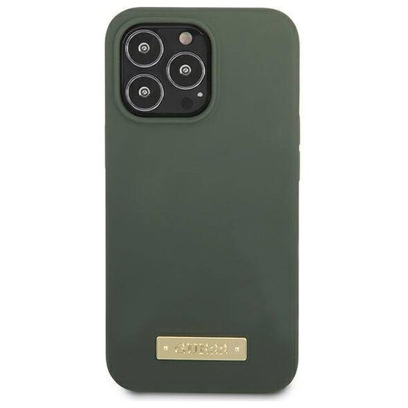 Original Case IPHONE 13 PRO Guess Hard Case Silicone Logo Plate MagSafe (GUHMP13LSPLA) green 3666339056957