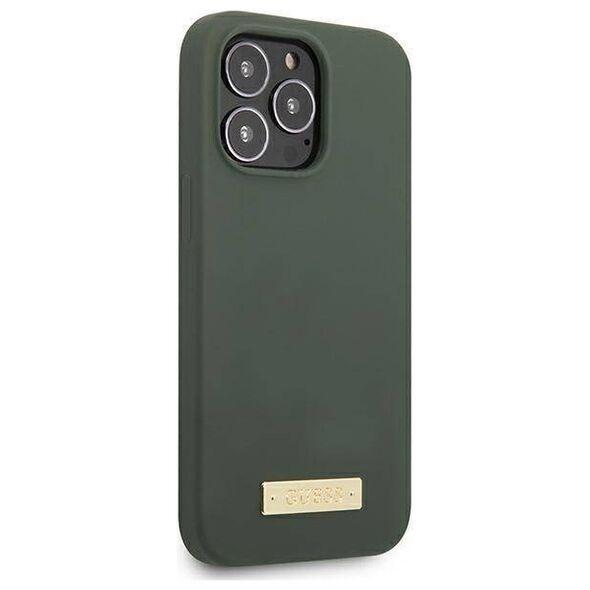 Original Case IPHONE 13 PRO Guess Hard Case Silicone Logo Plate MagSafe (GUHMP13LSPLA) green 3666339056957