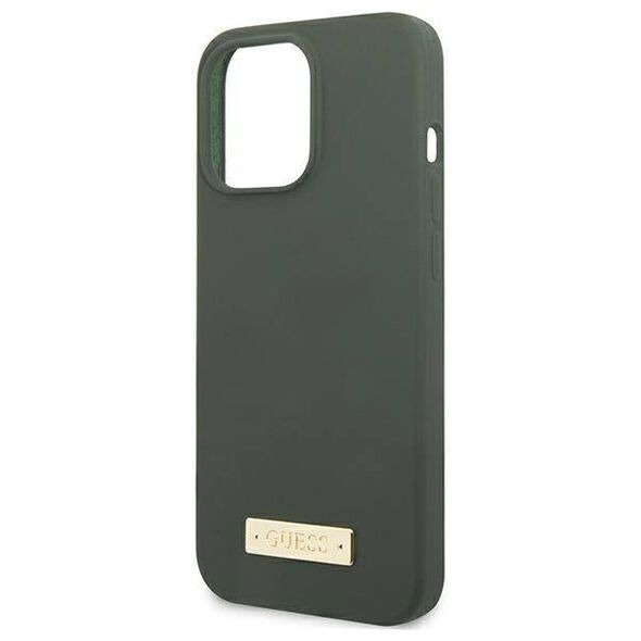 Original Case IPHONE 13 PRO Guess Hard Case Silicone Logo Plate MagSafe (GUHMP13LSPLA) green 3666339056957