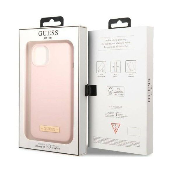 Original Case IPHONE 13 Guess Hard Case Silicone Logo Plate MagSafe (GUHMP13MSBPLP) pink 3666339056865
