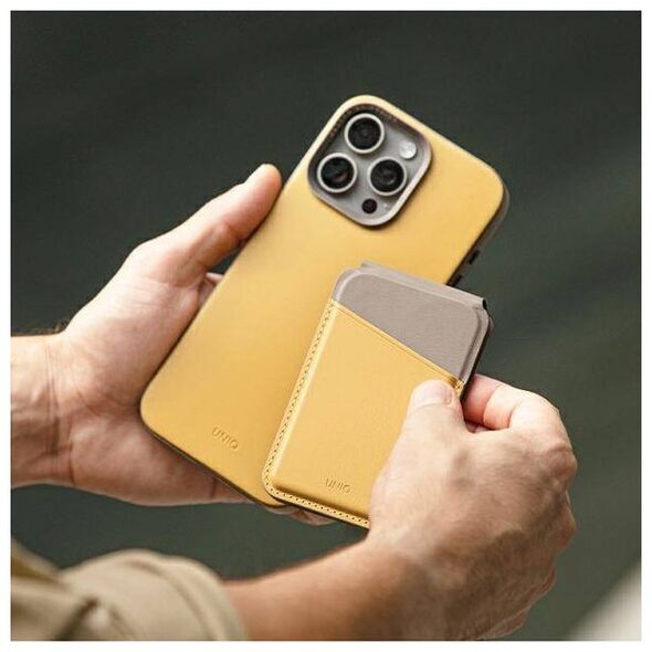 MagSafe Card Wallet IPHONE Z MAGSAFE UNIQ Magnetic RFID Wallet and Phone Stand yellow & gray 8886463688427