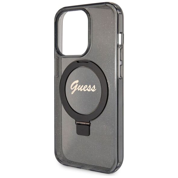 Guess Apple iPhone 15 Pro Max (6.7) IML Ring Stand Glitter MagSafe hátlapvédő tok fekete (GUHMP15XHRSGSK) 3666339156350