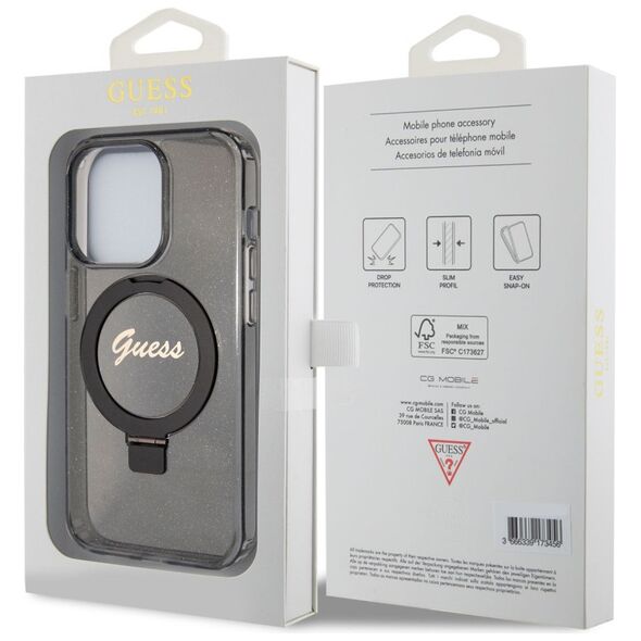 Guess Apple iPhone 15 Pro Max (6.7) IML Ring Stand Glitter MagSafe hátlapvédő tok fekete (GUHMP15XHRSGSK) 3666339156350