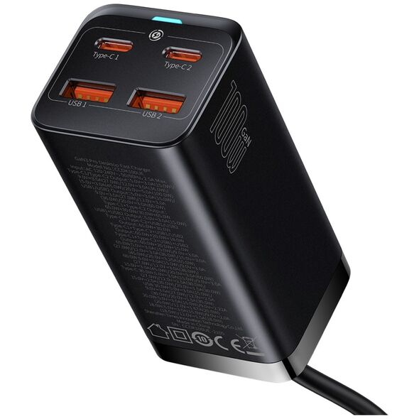 Baseus wall charger GaN3 Pro 100W 2x USB-C 2x USB black 6953156209053