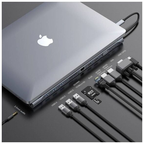 Baseus Enjoyment Series Multi-functional Type-C intelligent HD HUB（PD/HD4K*2/VGA/RJ45/SD/TF/USB*3/Audio*1/Stand)Dark gray 6953156291478