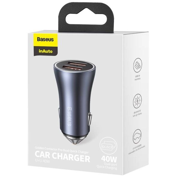 Baseus Golden Contactor Pro car charger, 2x USB, 40W (gray) 6953156201972
