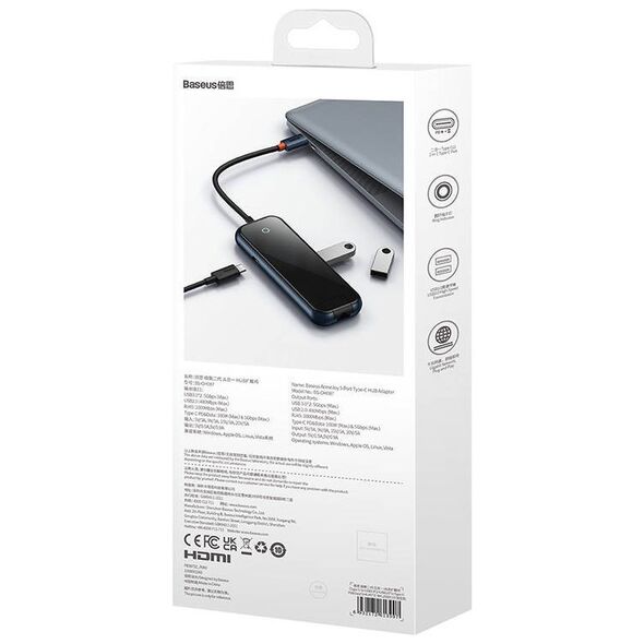 Hub 5in1 Baseus AcmeJoy series USB-C to 2xUSB 3.0 + USB 2.0 + USB-C PD + RJ45 (dark grey) 6932172613907