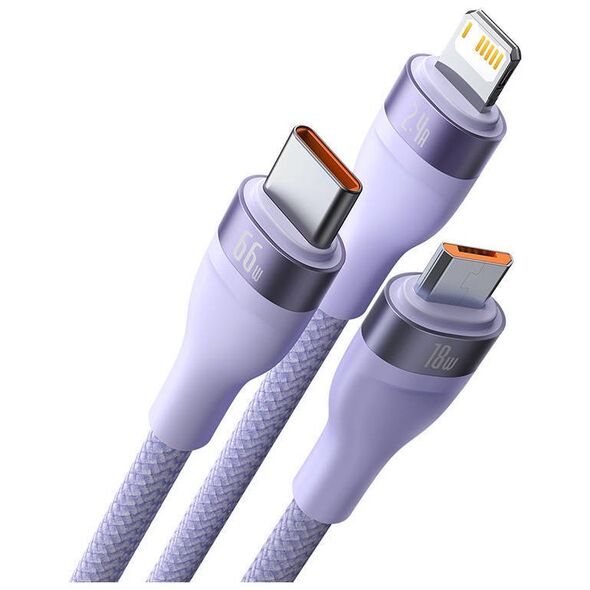 3in1 USB cable Baseus Flash II Series, USB-C + micro USB + Lightning, 66W, 1.2m (Purple) 6932172618124