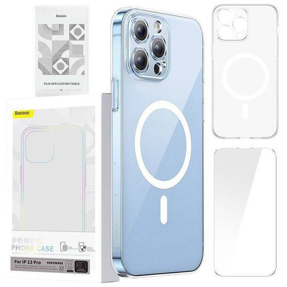 Phone case Baseus Magnetic Crystal Clear for iPhone 13 Pro (transparent) with all-tempered-glass screen protector and cleaning kit 6932172627799