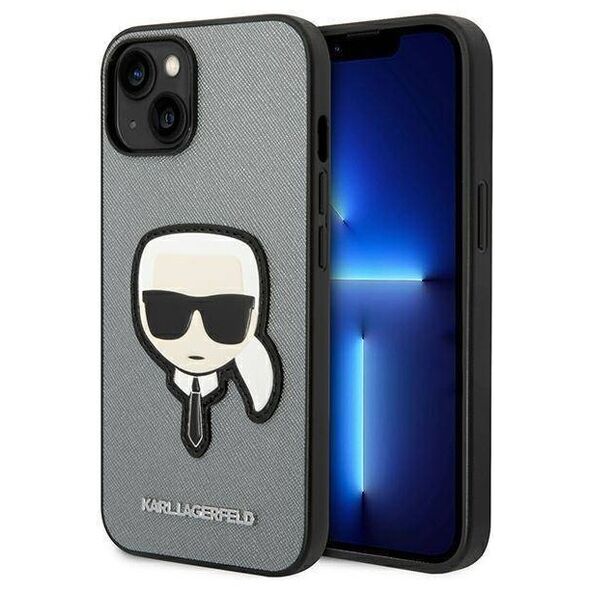 Original Case IPHONE 14 PLUS Karl Lagerfeld Hardcase Saffiano Karl`s Head Patch silver 3666339077082