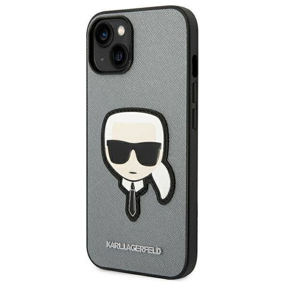 Original Case IPHONE 14 PLUS Karl Lagerfeld Hardcase Saffiano Karl`s Head Patch silver 3666339077082