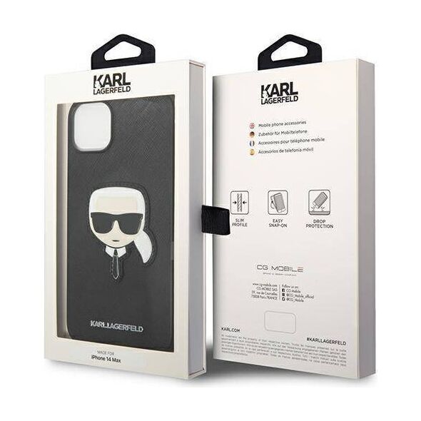Original Case IPHONE 14 PLUS Karl Lagerfeld Hardcase Saffiano Karl`s Head Patch black 3666339077044