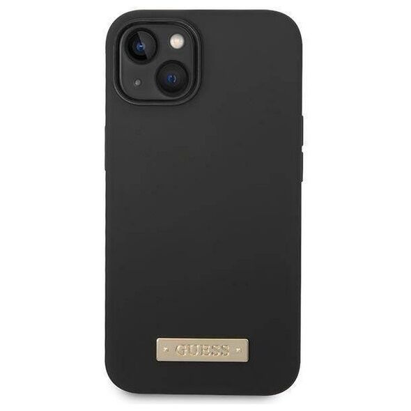 Original Case IPHONE 14 PLUS Guess Hard Case Silicone Logo Plate MagSafe black 3666339070236