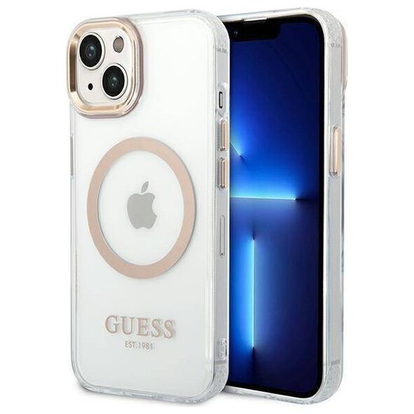 Original Case IPHONE 14 PLUS Guess Hard Case Metal Outline Magsafe (GUHMP14MHTRMD) gold 3666339069711