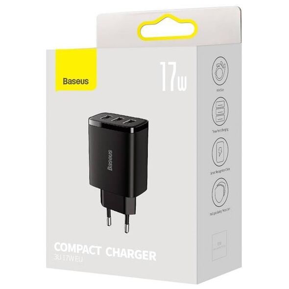 Baseus Compact Quick Charger, 3x USB, 17W (Black) 6932172606961